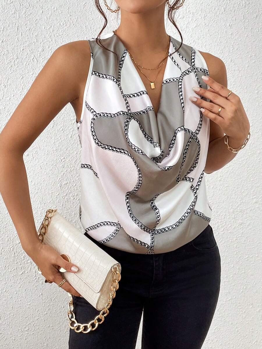 SHEIN Privé Chain Print Draped Collar Sleeveless Blouse - Multicolor - View 1