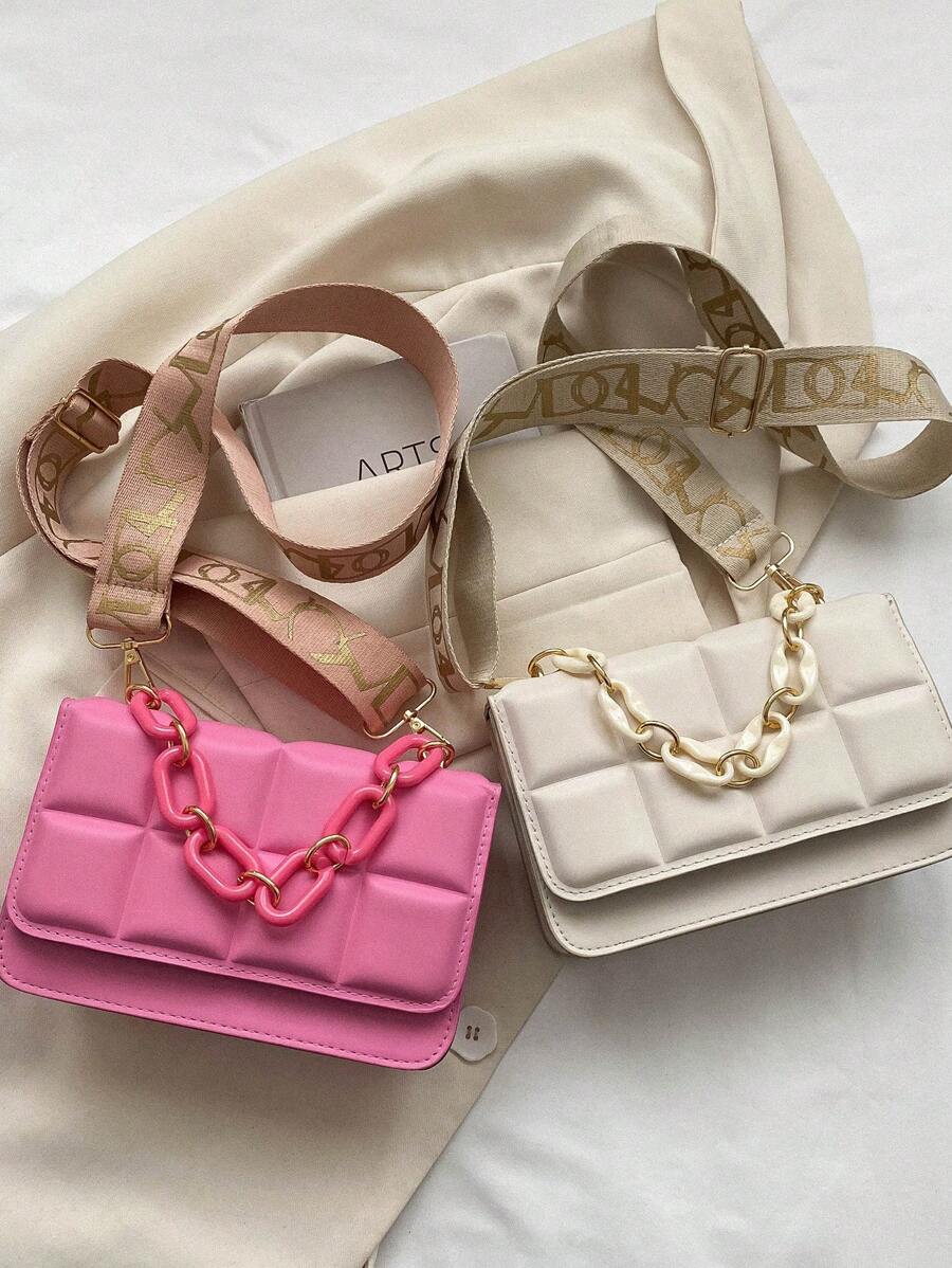 Túi Vuông Mini Chi Tiết Dập Nổi Chuỗi Trang Trí Nắp Thanh Lịch Dây Đeo Có Thể Điều Chỉnh - Màu be - Xem 1