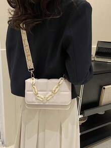 Túi Vuông Mini Chi Tiết Dập Nổi Chuỗi Trang Trí Nắp Thanh Lịch Dây Đeo Có Thể Điều Chỉnh - Màu be - Xem 3