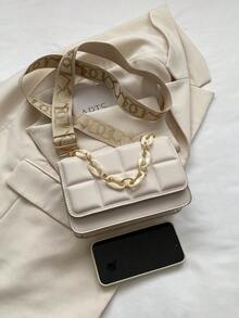 Túi Vuông Mini Chi Tiết Dập Nổi Chuỗi Trang Trí Nắp Thanh Lịch Dây Đeo Có Thể Điều Chỉnh - Màu be - Xem 6