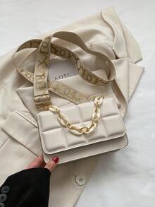 Túi Vuông Mini Chi Tiết Dập Nổi Chuỗi Trang Trí Nắp Thanh Lịch Dây Đeo Có Thể Điều Chỉnh - Màu be - Xem 8