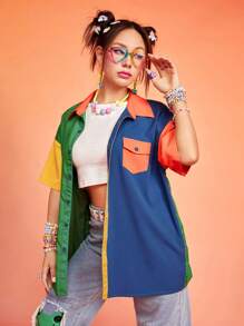 ROMWE Kawaii Áo sơ mi nữ Túi Nút phía trước Khối Màu Giải trí - Nhiều màu - Xem 1