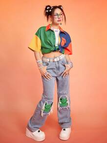 ROMWE Kawaii Áo sơ mi nữ Túi Nút phía trước Khối Màu Giải trí - Nhiều màu - Xem 4