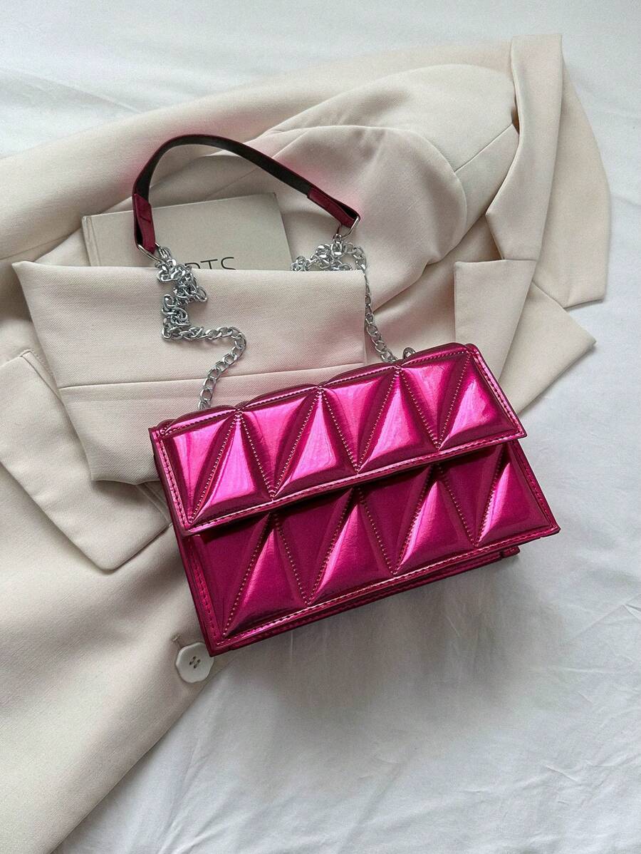 Quilted Pattern Flap Square Bag Funky - Hot Pink - View 1
