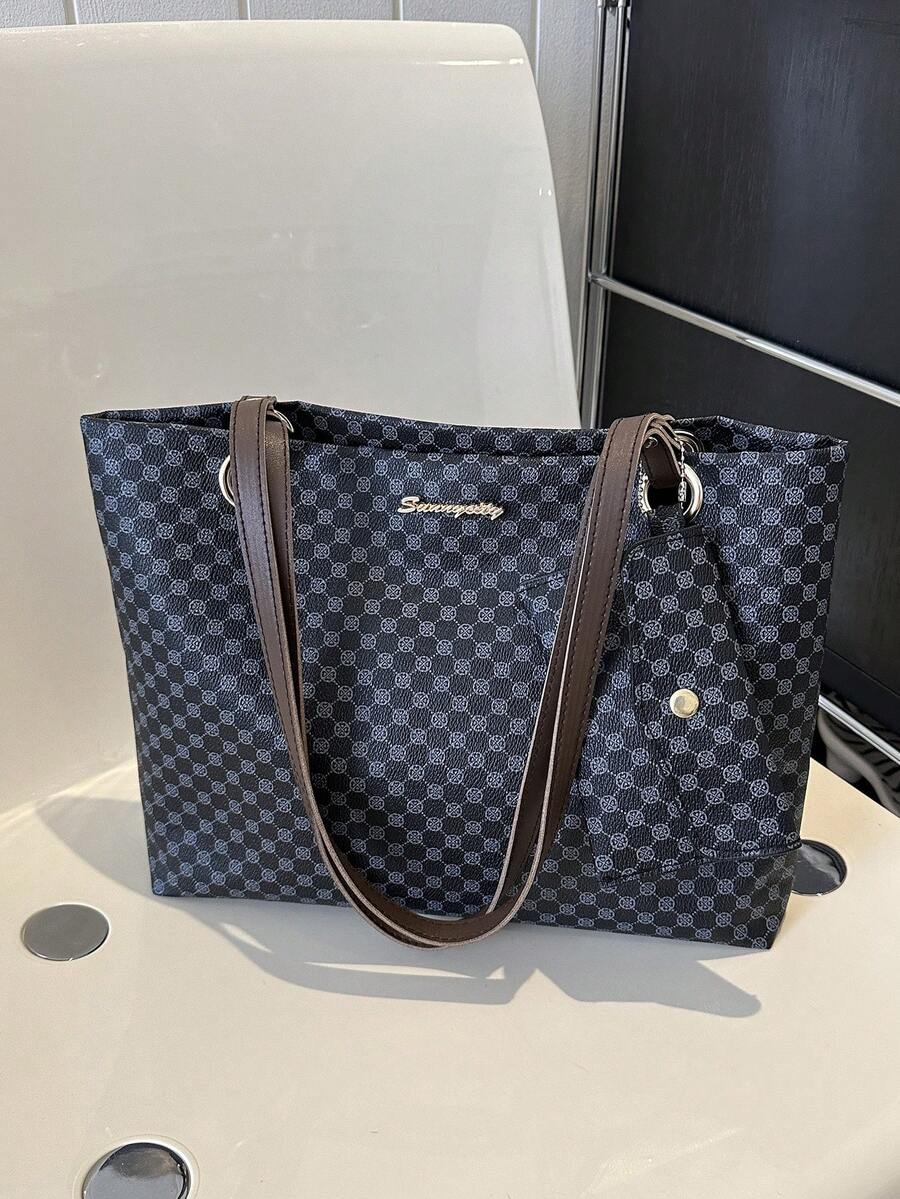 Túi tote đeo vai họa tiết hình học có ví đựng tiền bằng kim loại trang trí chữ PU trang nhã - màu đen - Xem 1