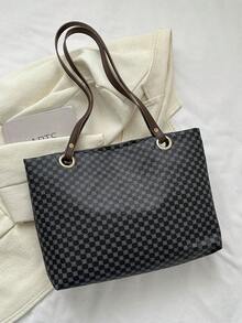 Túi tote đeo vai họa tiết hình học có ví đựng tiền bằng kim loại trang trí chữ PU trang nhã - màu đen - Xem 2