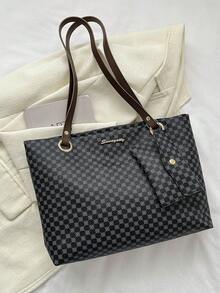 Túi tote đeo vai họa tiết hình học có ví đựng tiền bằng kim loại trang trí chữ PU trang nhã - màu đen - Xem 4