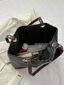 Túi tote đeo vai họa tiết hình học có ví đựng tiền bằng kim loại trang trí chữ PU trang nhã - màu đen - Xem 6