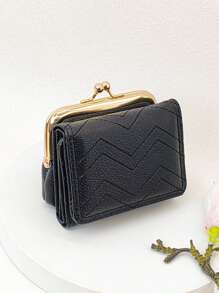 荔枝压花小钱包时尚吻锁 PU 便携，钱，现金白领人士，适合女大学生，工作，商务，通勤，办公室，周年纪念，情侣，生日礼物，情人节礼物，礼物 - 黑色 - 查看 2