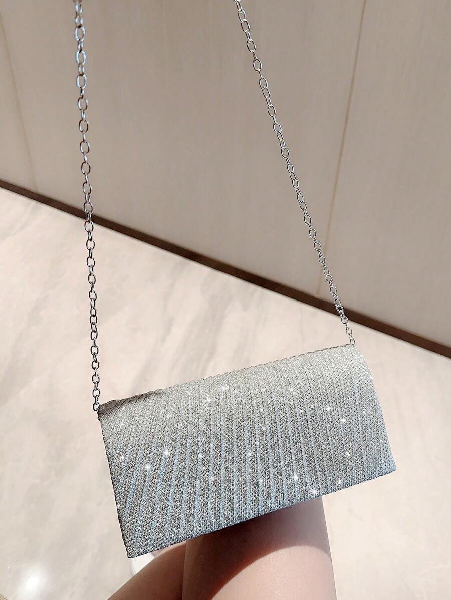 Moonlit EveBag Glamorous, Elegant, Exquisite, Quiet Luxury Sequin, Stylish, Luxury, Shiny Mini Envelope Bag Ruched Glamorous Glitter Evening Bag, Dinner Bag Faux Pearl, Rhinestone For Party Girl, Woman, Bride Perfect For Party, Wedding, Prom, Dinner/Banquet - Silver - View 1