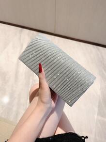 Moonlit EveBag Glamorous, Elegant, Exquisite, Quiet Luxury Sequin, Stylish, Luxury, Shiny Mini Envelope Bag Ruched Glamorous Glitter Evening Bag, Dinner Bag Faux Pearl, Rhinestone For Party Girl, Woman, Bride Perfect For Party, Wedding, Prom, Dinner/Banquet - Silver - View 3