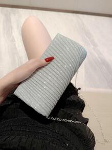 Moonlit EveBag Glamorous, Elegant, Exquisite, Quiet Luxury Sequin, Stylish, Luxury, Shiny Mini Envelope Bag Ruched Glamorous Glitter Evening Bag, Dinner Bag Faux Pearl, Rhinestone For Party Girl, Woman, Bride Perfect For Party, Wedding, Prom, Dinner/Banquet - Silver - View 9