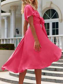 蝴蝶袖前打結不對稱下擺連衣裙 - 玫紅色 - 查看 2