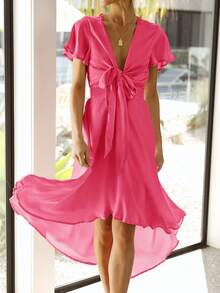 蝴蝶袖前打結不對稱下擺連衣裙 - 玫紅色 - 查看 4