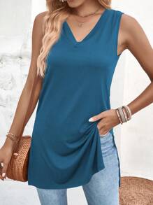 SHEIN LUNE 素色下擺開叉背心上衣 - 藍色 - 查看 6