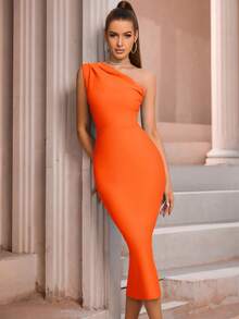 One Shoulder Ruched Backless Cocktail Party Bandage Bodycon Dress - Orange - View 4