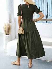 SHEIN LUNE Shirred Bodice Ruffle Hem A-Line Dress Maxi Women Outfit - Army Green - View 2
