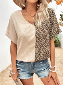 SHEIN VCAY Blusa de dos tonos de manga murciélago - Caqui - Ver 1