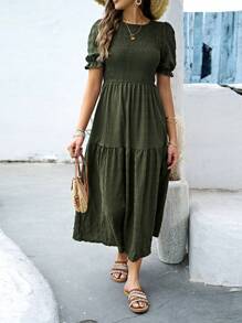 SHEIN LUNE Shirred Bodice Ruffle Hem A-Line Dress Maxi Women Outfit - Army Green - View 3