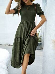 SHEIN LUNE Shirred Bodice Ruffle Hem A-Line Dress Maxi Women Outfit - Army Green - View 5