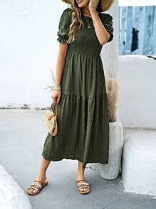 SHEIN LUNE Shirred Bodice Ruffle Hem A-Line Dress Maxi Women Outfit - Army Green - View 6