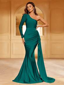 One Shoulder Draped Side Mermaid Hem Formal Dress - Dark Green - View 5
