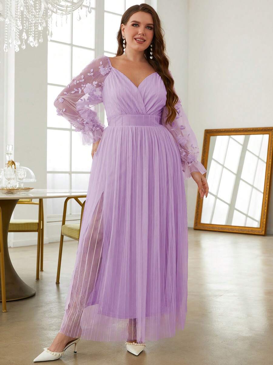 Simplee Đầm Plus Size Đề can Tương phản Mesh Trọn gói Hoa Thanh lịch - Màu tím - Xem 1