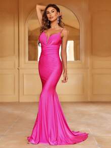 Chèn lưới Xù Nàng tiên cá Hem Hai Dây Ăn mặc trang trọng - Màu Hồng Tươi - Xem 3