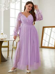 Simplee Đầm Plus Size Đề can Tương phản Mesh Trọn gói Hoa Thanh lịch - Màu tím - Xem 6