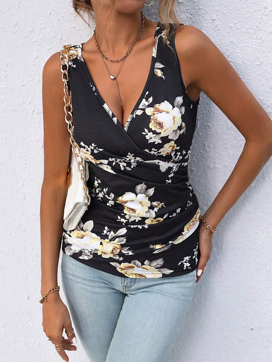 SHEIN LUNE Áo khoác và áo lót dành cho xe tăng nữ Xù Trọn gói Hoa Boho - màu đen - Xem 1