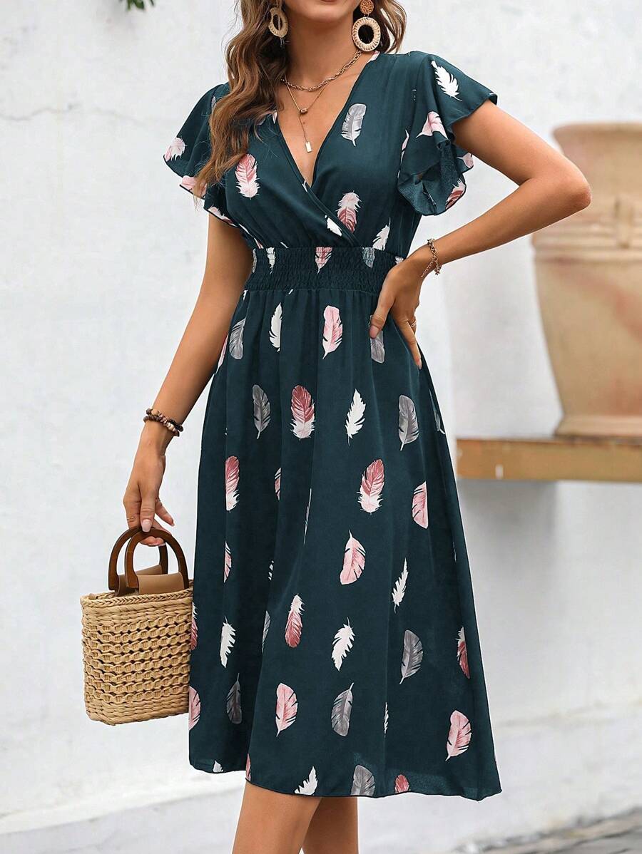 SHEIN LUNE Đầm Xù Trọn gói Dải chun Bộ lạc Giải trí - Màu xanh lá cây đậm - Xem 1