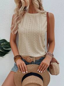 SHEIN LUNE 素色網眼刺繡背心上衣 - 卡其色 - 查看 1