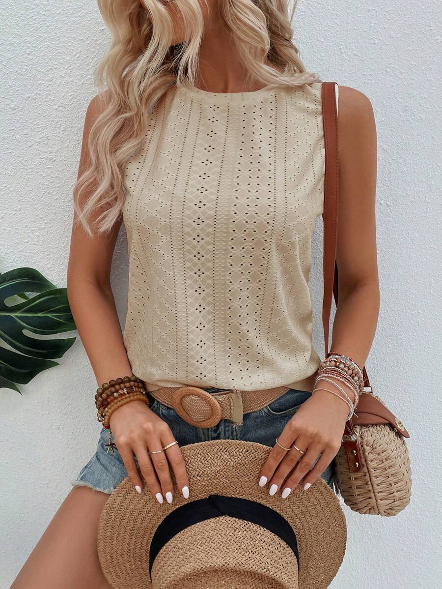SHEIN LUNE 素色網眼刺繡背心上衣 - 卡其色 - 查看 1
