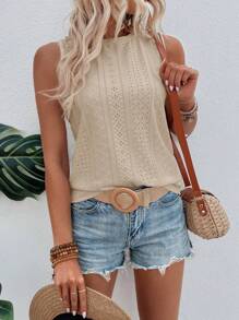 SHEIN LUNE 素色網眼刺繡背心上衣 - 卡其色 - 查看 3