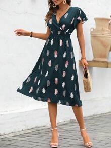 SHEIN LUNE 羽毛印花蝴蝶袖A字連衣裙 - 墨綠色 - 查看 6