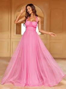 Xù Bustier Lớp phủ lưới Halter Neck Không lưng Đầm Party - Hồng - Xem 1