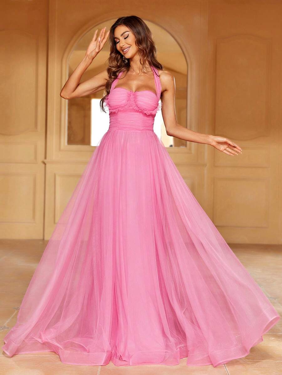 Xù Bustier Lớp phủ lưới Halter Neck Không lưng Đầm Party - Hồng - Xem 1