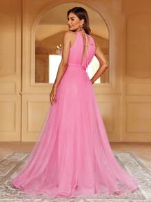 前鏤空網紗覆蓋繞頸伴娘連衣裙 - 粉色 - 查看 2