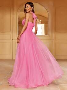 Xù Bustier Lớp phủ lưới Halter Neck Không lưng Đầm Party - Hồng - Xem 2