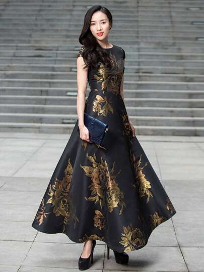 Floral Jacquard A-Line Dress Elegant Formal Evening Prom Wedding Guest Gown, For Graduation, Dinner Party Dress