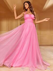 Xù Bustier Lớp phủ lưới Halter Neck Không lưng Đầm Party - Hồng - Xem 4