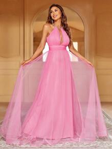 前鏤空網紗覆蓋繞頸伴娘連衣裙 - 粉色 - 查看 6