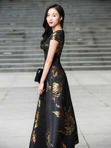 Floral Jacquard A-Line Dress Elegant Formal Evening Prom Wedding Guest Gown, For Graduation, Dinner Party Dress