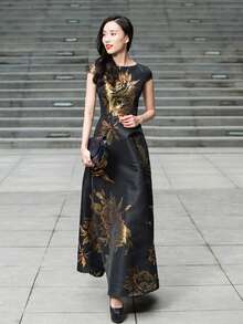 Floral Jacquard A-Line Dress Elegant Formal Evening Prom Wedding Guest Gown, For Graduation, Dinner Party Dress