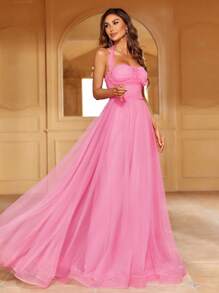 Xù Bustier Lớp phủ lưới Halter Neck Không lưng Đầm Party - Hồng - Xem 7