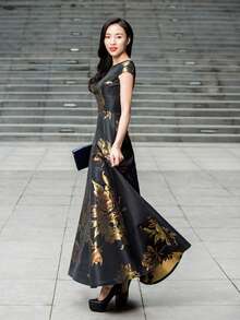 Floral Jacquard A-Line Dress Elegant Formal Evening Prom Wedding Guest Gown, For Graduation, Dinner Party Dress