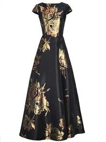 Floral Jacquard A-Line Dress Elegant Formal Evening Prom Wedding Guest Gown, For Graduation, Dinner Party Dress