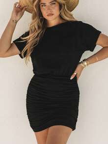 Acelitt Batwing Sleeve Ruched Side Dress - Black - View 5
