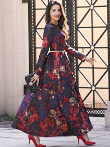 Floral Print Dress Without Belt Elegant Long Sleeve Formal Evening Prom Wedding Guest Gown, For Graduation, Dinner