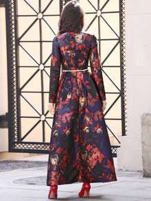 Floral Print Dress Without Belt Elegant Long Sleeve Formal Evening Prom Wedding Guest Gown, For Graduation, Dinner